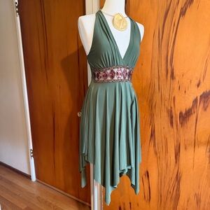 American Vintage Olive Green Halter Dress with Beaded Waistband